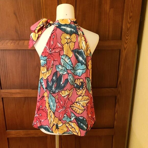 Maeve Accordian Pleat Floral Sleeveless Blouse with Neck Tie Small - Picture 6 of 6